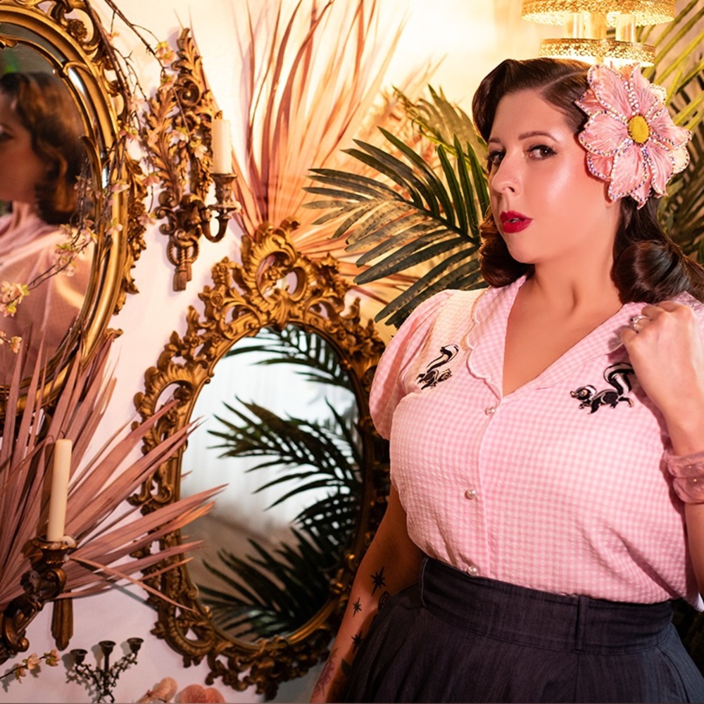 Disney Bambi Collection Pink Gingham & Embroidered Flower Puff Sleeve Top